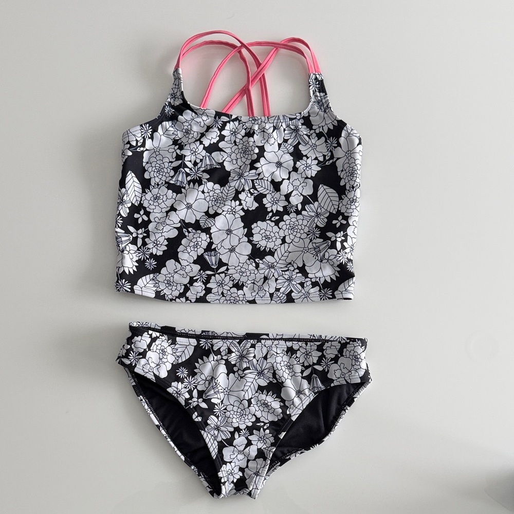 GAP Kids Floral Swim Tankini Set - Dark Navy and White with Pink Straps
